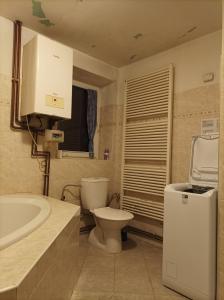 a bathroom with a toilet and a sink and a tub at MotoHostel Wolter - hostel Copa in Všeň