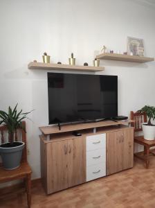 TV en un centro de entretenimiento de madera en una sala de estar en Playa Celeste Tajao, en La Mareta