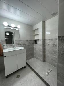 Un baño con lavabo blanco y ducha en Gio Apartment, en Tiflis