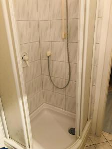 a shower with a hose in a bathroom at Ferienwohnung Ober Widdersheim in Nidda