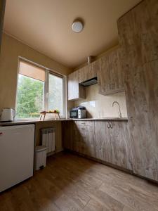 a kitchen with wooden cabinets and a sink and a window at Котедж з власною фінською сауною in Poltava