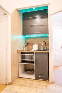a small kitchen with a sink and a microwave at Apartment of Közraktár in Budapest