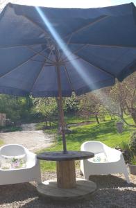 einen Tisch mit einem blauen Regenschirm und zwei Stühlen in der Unterkunft Minicamping und B&B Apartment Hintergarten in Niederorschel