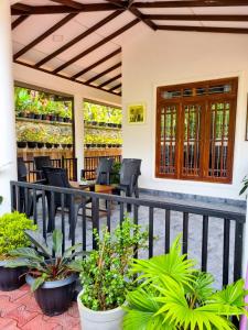 eine Terrasse mit Stühlen, Pflanzen und einem Zaun in der Unterkunft Ivory Bloom Resort in Diyatalawa