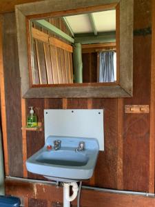 ein Badezimmer mit einem blauen Waschbecken und einem Spiegel in der Unterkunft Uncle Billys Retreat 