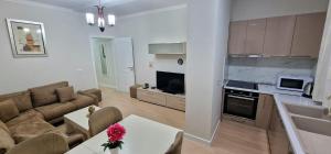 uma cozinha e sala de estar com um sofá e uma mesa em Arkle Apartment 5 em Tirana