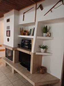 uma sala de estar com lareira e micro-ondas em Chata na Plantáži em Habovka
