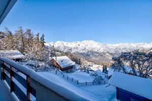a snow covered balcony with a view of a mountain at Appartement Nevada 105 in La Tzoumaz