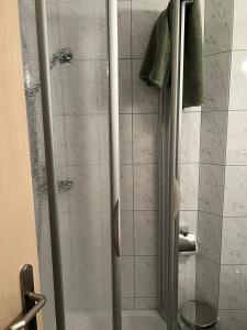 a shower with a glass door in a bathroom at Gasthaus Schaupp in Kollnburg