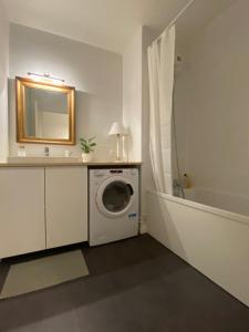 a bathroom with a washing machine and a mirror at Spacieux logement au pied du Vercors in Saint-Jean-en-Royans