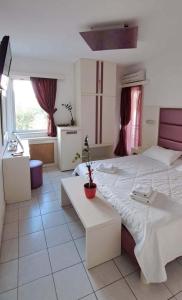 普拉卡的住宿－Bicorna - Chania，一间卧室配有一张大床,上面有盆栽植物
