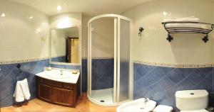 a bathroom with a shower and a toilet and a sink at Hostal/Restaurante Fuentevieja in Illana