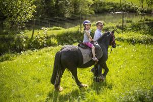 een man en een kind op een paard in een veld bij Gut Frielinghausen in Meschede