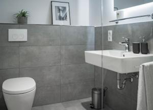 uma casa de banho com um WC branco e um lavatório. em Prime Park Family Deluxe Apartment Aschaffenburg em Aschaffenburg