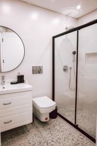 a bathroom with a shower and a toilet and a sink at Bolahenk Suites in Istanbul +58 photos