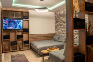 Cette chambre comprend un lit, un canapé et une télévision. dans l'établissement Geregs alibi - free Spa, à Kopaonik