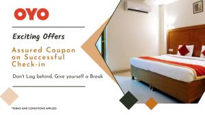 a hotel room with a bed with avertisement for at OYO Hotel Decatur I-285 The Perimeter in Decatur