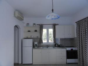 a kitchen with a white refrigerator and a window at Agrilia Apartments & Studios in Vathi