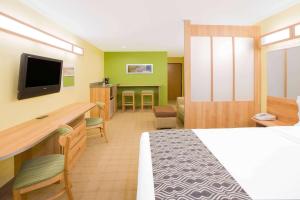 a hotel room with a bed and a desk and a tv at Microtel Inn & Suites by Wyndham Delphos in Delphos