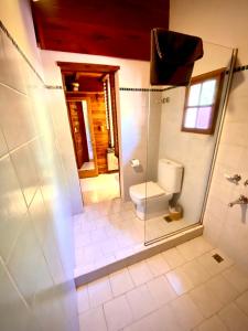 y baño con aseo y ducha acristalada. en Casa Saurel en La Cascada en San Martín de los Andes
