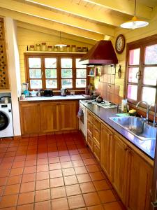eine Küche mit Holzschränken und einem Waschbecken in der Unterkunft Casa Saurel en La Cascada in San Martín de los Andes