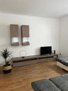 uma sala de estar com uma televisão de ecrã plano na parede em F&M Wohnungen in Olpe em Olpe
