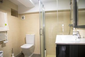 y baño con aseo, lavabo y ducha. en Sensacional Apartamento Saladina Home, en Ourense