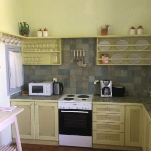 a kitchen with a stove and a microwave at Eleana Residence in Mythimna