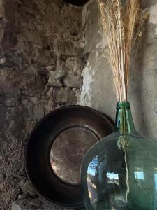 a green vase with grass in it next to a plate at Mas Sabaters - L'Era de Sabaters in Tavernoles