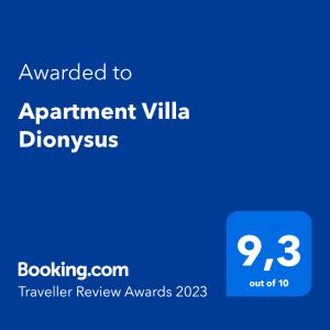 Certifikát, hodnocení, plakát nebo jiný dokument vystavený v ubytování Apartment Villa Dionysus