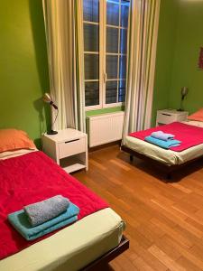 Airoux的住宿－5 Bedroom Villa, La Bastide d'Anjou, Occitanie，一间卧室设有两张床和窗户。