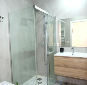 畢爾包的住宿－Piso Moderno a 2 minutos del Casco Viejo con Parking Gratis，一间带玻璃淋浴和水槽的浴室