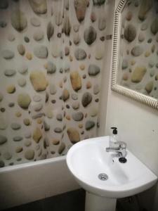 a bathroom with a sink and a shower curtain with rocks at Apartamento Pepe in Alcantarilla