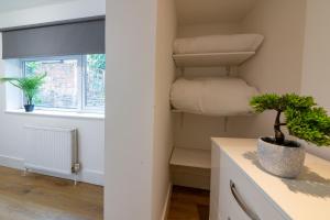 una habitación con una planta sentada en un mostrador junto a una ventana en Stylish 2 Bedrooms Little Venice - 44, en Londres 62 fotos más