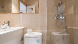 Un baño con ducha, inodoro y lavabo. en Los Balcones de Maritxu, en Toledo 22 fotos más