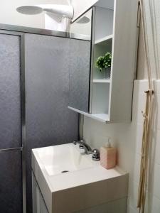 y baño con lavabo y ducha. en Apartamento aconchegante no centro de Teresópolis ( várzea), en Teresópolis