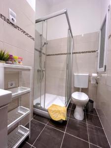 a white bathroom with a shower and a toilet at Buda Castle Charming 2 bedrooms in Budapest