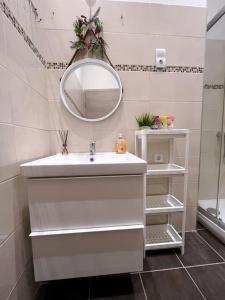 a bathroom with a white sink and a mirror at Buda Castle Charming 2 bedrooms in Budapest