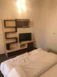 a bedroom with a bed and a flat screen tv at Apartmani Anja Ohrid in Ohrid