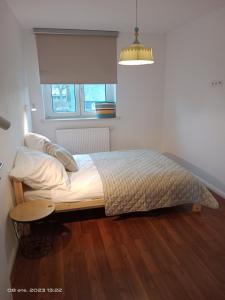 a bedroom with a bed with a table and a window at precioso apartamento 1B in Augustusburg +2 photos