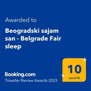 Sertifikat, penghargaan, tanda, atau dokumen yang dipajang di Beogradski sajam san - Belgrade Fair sleep