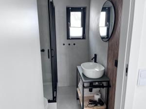 a bathroom with a sink and a mirror at Chatki Między Górami in Sosnówka