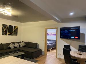 ein Wohnzimmer mit Sofa und Flachbildfernseher in der Unterkunft ByBesa in Winterberg