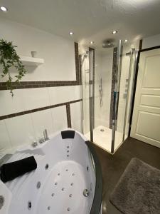 een badkamer met een wit bad en een douche bij Hochheide Lodge in Winterberg