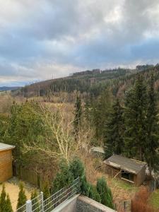 een uitzicht op een heuvel met een hek en bomen bij Hochheide Lodge in Winterberg