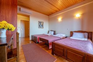 1 dormitorio con 2 camas y un jarrón de flores en Xenonas Kypseli, en Kipseli