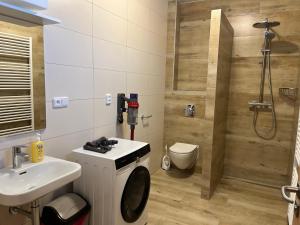 uma casa de banho com um WC, um lavatório e um chuveiro em Apartmány Nýdečanka em Nýdek