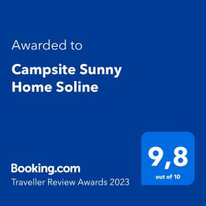 Certifikát, hodnocení, plakát nebo jiný dokument vystavený v ubytování Campsite Sunny Home Soline