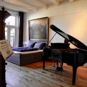 a bedroom with a bed and a grand piano at B&B Röderhaus Goedereede in Goedereede
