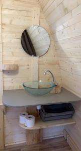 a bathroom with a bowl sink and a mirror at La Roulotte U Sognu in Muro